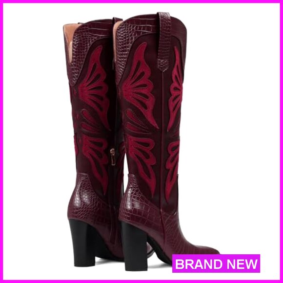 Pointed Toe Cowboy Boots Chunky Heel Knee High Western Boots Butterfly - Picture 7 of 7